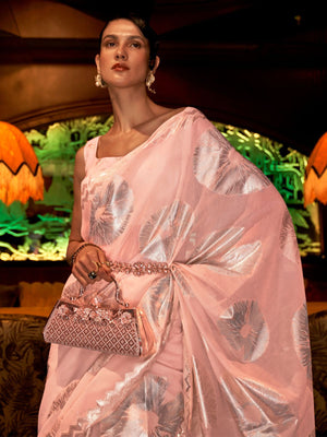 Rajwada Peach Woven Design Silk Blend Saree With Unstitched Blouse For Women