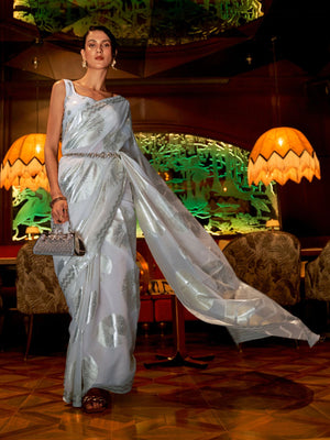 Rajwada Grey Woven Design Silk Blend Saree With Unstitched Blouse For Women