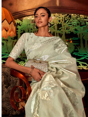 Rajwada Lime Woven Design Silk Blend Saree With Unstitched Blouse For Women