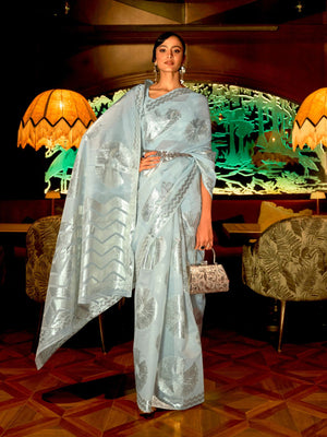 Rajwada Light Blue Woven Design Silk Blend Saree With Unstitched Blouse For Women