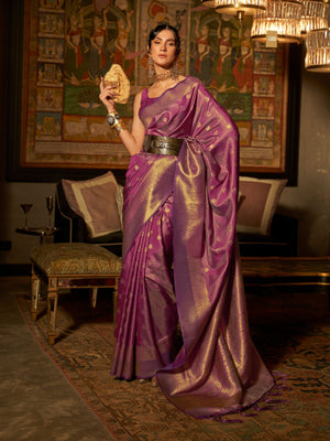 Rajwada Purple Woven Design Silk Blend Saree With Unstitched Blouse For Women