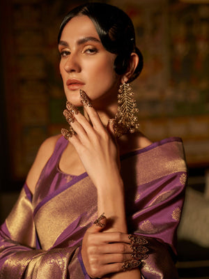 Rajwada Purple Woven Design Silk Blend Saree With Unstitched Blouse For Women