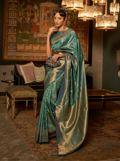 Rajwada Teal Woven Design Silk Blend Saree With Unstitched Blouse For Women