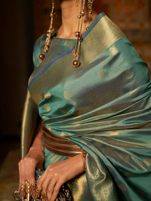 Rajwada Teal Woven Design Silk Blend Saree With Unstitched Blouse For Women