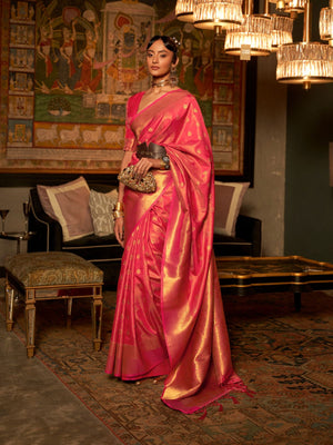 Rajwada Pink Woven Design Silk Blend Saree With Unstitched Blouse For Women