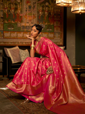 Rajwada Pink Woven Design Silk Blend Saree With Unstitched Blouse For Women