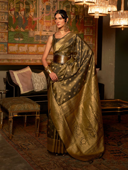 Rajwada Olive And Gold Woven Design Silk Blend Saree With Unstitched Blouse For Women
