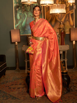 Rajwada Orange Woven Design Silk Blend Saree With Unstitched Blouse For Women