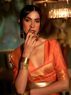 Rajwada Orange Woven Design Silk Blend Saree With Unstitched Blouse For Women