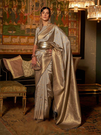 Rajwada Grey Woven Design Silk Blend Saree With Unstitched Blouse For Women
