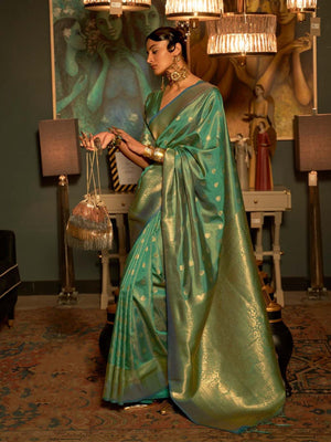 Rajwada Green Woven Design Silk Blend Saree With Unstitched Blouse For Women