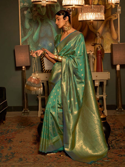 Rajwada Green Woven Design Silk Blend Saree With Unstitched Blouse For Women