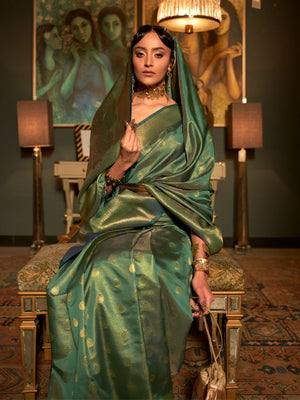 Rajwada Green Woven Design Silk Blend Saree With Unstitched Blouse For Women