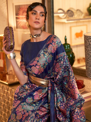 Rajwada Navy Blue And Pink Woven Design Silk Blend Saree With Unstitched Blouse For Women