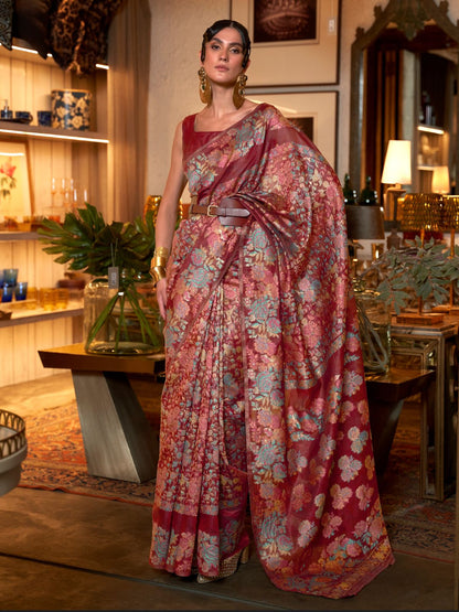 Rajwada Maroon And Pink Woven Design Silk Blend Saree With Unstitched Blouse For Women