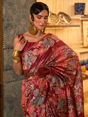 Rajwada Maroon And Pink Woven Design Silk Blend Saree With Unstitched Blouse For Women