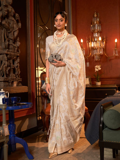 Rajwada Off White Woven Design Silk Blend Saree With Unstitched Blouse For Women
