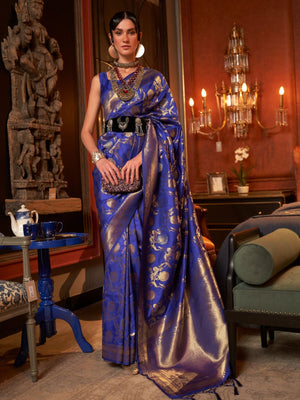 Rajwada Navy Blue Woven Design Silk Blend Saree With Unstitched Blouse For Women