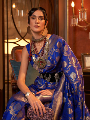 Rajwada Navy Blue Woven Design Silk Blend Saree With Unstitched Blouse For Women