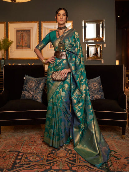 Rajwada Green Woven Design Silk Blend Saree With Unstitched Blouse For Women