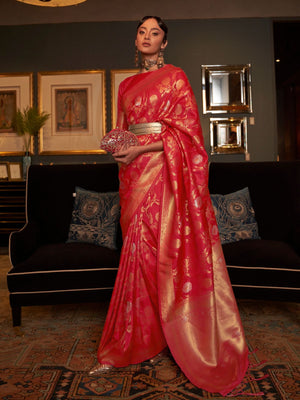 Rajwada Red Woven Design Silk Blend Saree With Unstitched Blouse For Women
