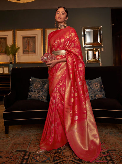 Rajwada Red Woven Design Silk Blend Saree With Unstitched Blouse For Women