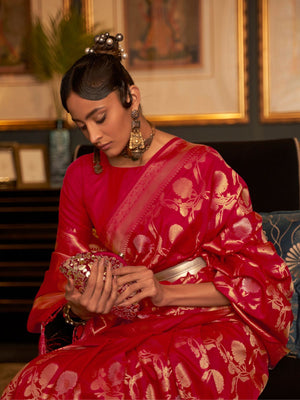 Rajwada Red Woven Design Silk Blend Saree With Unstitched Blouse For Women