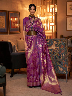 Rajwada Purple Woven Design Silk Blend Saree With Unstitched Blouse For Women