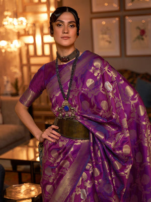 Rajwada Purple Woven Design Silk Blend Saree With Unstitched Blouse For Women