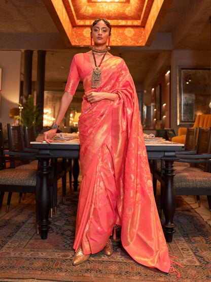 Rajwada Orange Woven Design Silk Blend Saree With Unstitched Blouse For Women
