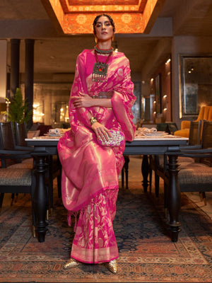 Rajwada Pink Woven Design Silk Blend Saree With Unstitched Blouse For Women