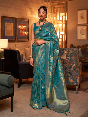 Rajwada Teal Woven Design Silk Blend Saree With Unstitched Blouse For Women