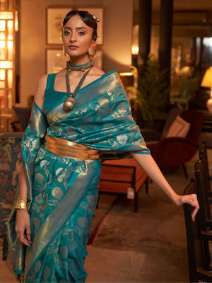 Rajwada Teal Woven Design Silk Blend Saree With Unstitched Blouse For Women