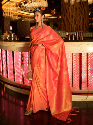 Rajwada Orange Woven Design Silk Blend Saree With Unstitched Blouse For Women