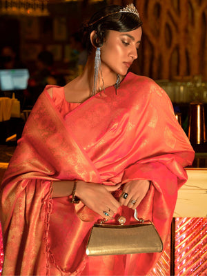Rajwada Orange Woven Design Silk Blend Saree With Unstitched Blouse For Women