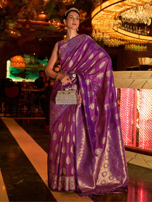 Rajwada Purple Woven Design Silk Blend Saree With Unstitched Blouse For Women
