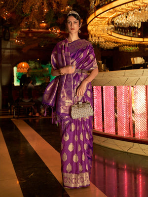 Rajwada Purple Woven Design Silk Blend Saree With Unstitched Blouse For Women