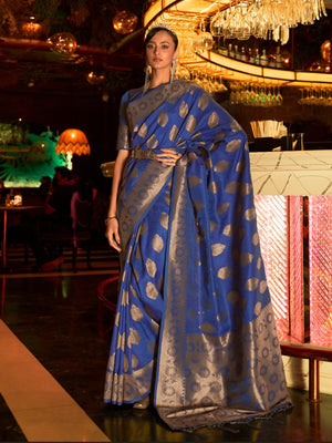 Rajwada Navy Blue Woven Design Silk Blend Saree With Unstitched Blouse For Women