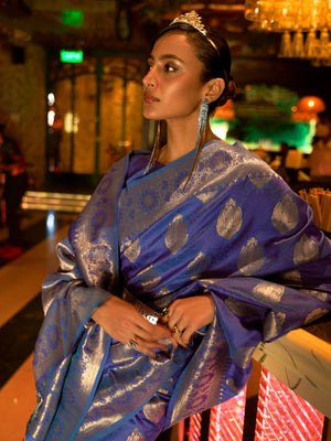 Rajwada Navy Blue Woven Design Silk Blend Saree With Unstitched Blouse For Women