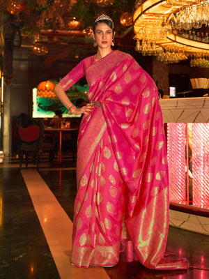 Rajwada Pink Woven Design Silk Blend Saree With Unstitched Blouse For Women