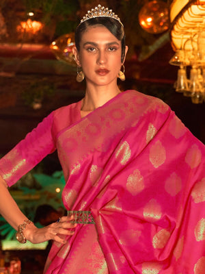 Rajwada Pink Woven Design Silk Blend Saree With Unstitched Blouse For Women