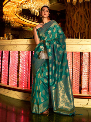 Rajwada Green Woven Design Silk Blend Saree With Unstitched Blouse For Women
