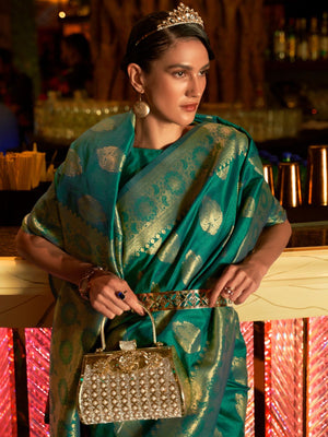 Rajwada Green Woven Design Silk Blend Saree With Unstitched Blouse For Women
