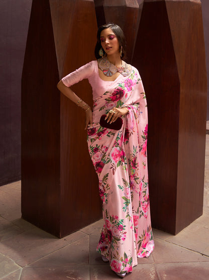 Rajwada Women Festive Pink Satin Printed Saree With Unstitched Blouse