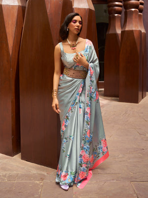 Rajwada Women Festive Grey Satin Printed Saree With Unstitched Blouse