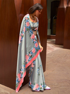 Rajwada Women Festive Grey Satin Printed Saree With Unstitched Blouse