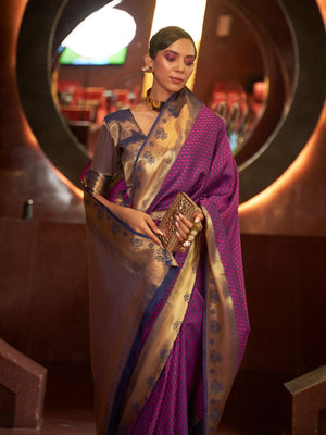 Rajwada Purple And Gold Woven Design Silk Blend Saree With Unstitched Blouse For Women
