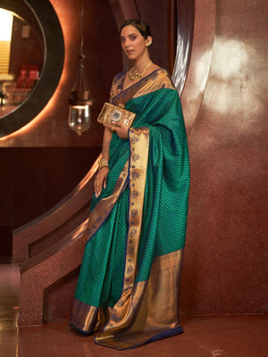 Rajwada Green And Gold Woven Design Silk Blend Saree With Unstitched Blouse For Women
