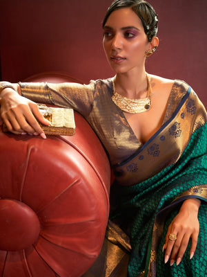 Rajwada Green And Gold Woven Design Silk Blend Saree With Unstitched Blouse For Women