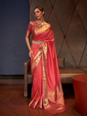 Rajwada Orange And Pink Woven Design Silk Blend Saree With Unstitched Blouse For Women
